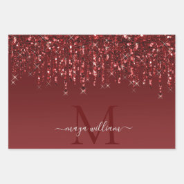 Tropfen des roten Glitzer Personalisiert Monogramm Geschenkpapier Set