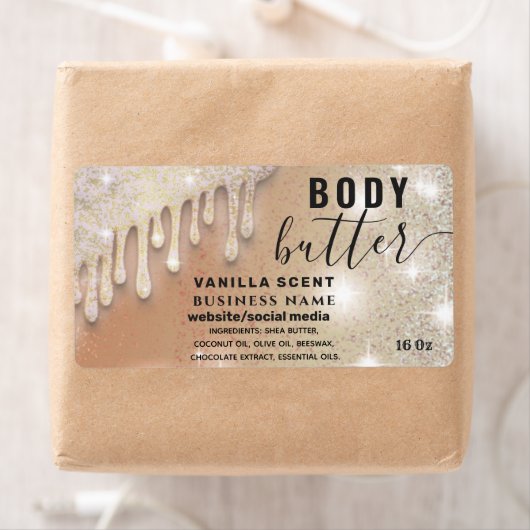 Tropfen funkeln glitzerndes Skript-Butterlabel (Insitu)