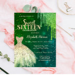 Tropfen für grünen Glitzer, Goldkleidungshügel Süß Einladung<br><div class="desc">Elegantes Goldkleid und grüner Glitzer Tropfen auf grünem Hintergrund.</div>