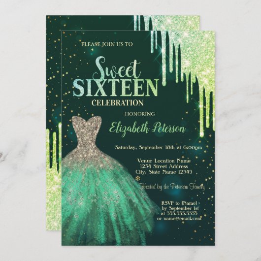 Tropfen für grünen Glitzer, Sweet für grüne Kleidu Einladung (Vorne/Hinten)