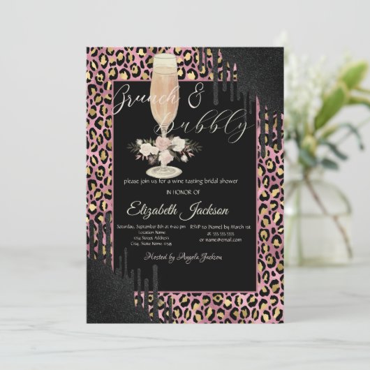 Tropfen, Glas, Blume Leopard, Brunch & Bubbly Einladung (Stehend Vorderseite)