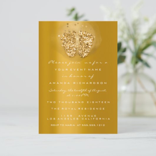 Tropfen Glitzer Baby Shower Feet Gold VIP Girl Boy Einladung (Stehend Vorderseite)