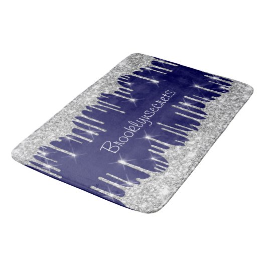 Tropfen Glitzer Effekt Blue Navy Course Name Silve Badematte (Schrägansicht)