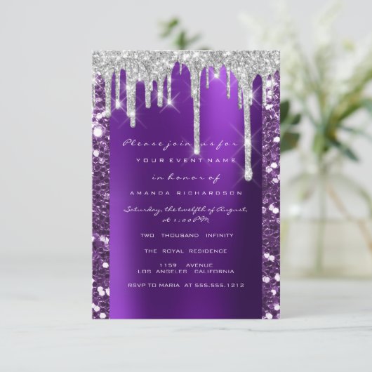 Tropfen Glitzer Lila Brautparty Süß 16. Einladung (Stehend Vorderseite)