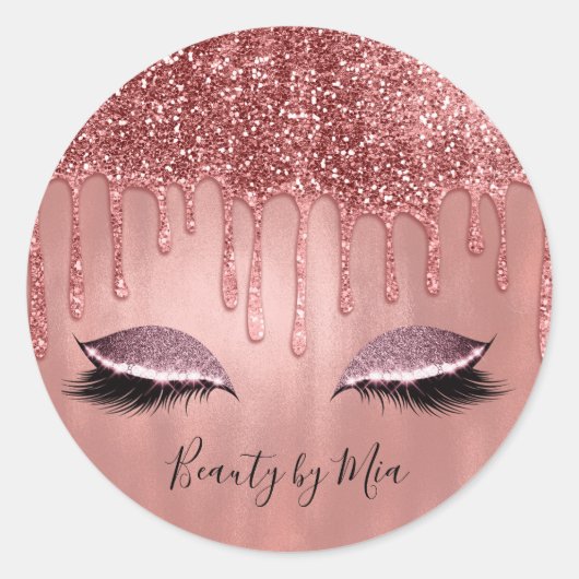 Tropfen in Rose Gold Glitzer Pink Tropfen Lashes Runder Aufkleber (Vorderseite)