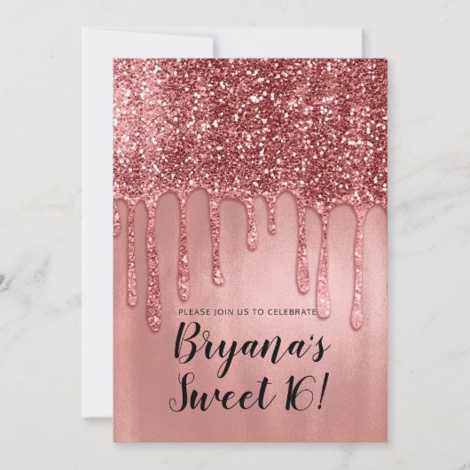 Tropfen in Rose Gold Glitzer Rosa Sweet 16 Party Einladung (Vorderseite)