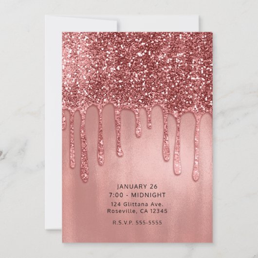 Tropfen in Rose Gold Glitzer Rosa Sweet 16 Party Einladung (Rückseite)
