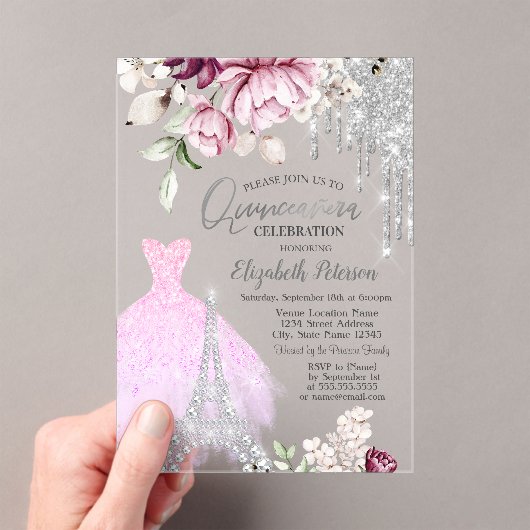 Tropfen, Kleidung, Eiffelturm Lilac Rose Quinceañe Acryleinladungen (Insitu (Handheld))