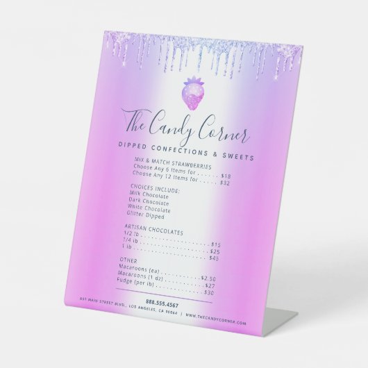 Tropfen mit lila Glitzer Dessert Sweet Menu Preisl Sockelschild (Vorderseite)