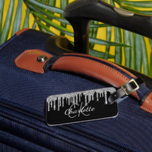 Tropfen mit Monogramm-Namen für Schwarzer Glitzer Gepäckanhänger