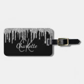 Tropfen mit Monogramm-Namen für Schwarzer Glitzer Gepäckanhänger (Vorderseite horizontal)