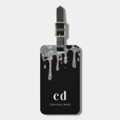 Tropfen mit Monogramm-Namen für Schwarzer Glitzer Gepäckanhänger (Vorderseite vertikal)