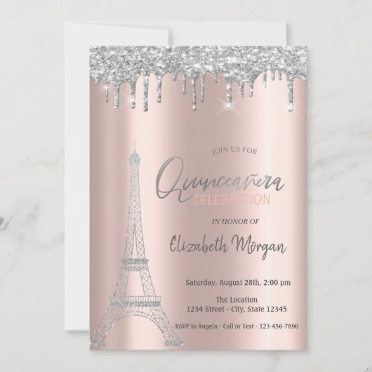 Tropfen mit Silberner Glitzer, Eiffelturm Quincean Einladung (Vorderseite)