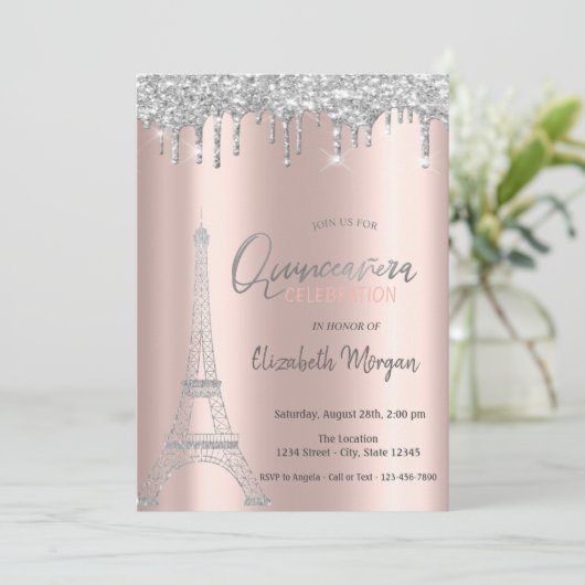 Tropfen mit Silberner Glitzer, Eiffelturm Quincean Einladung (Stehend Vorderseite)