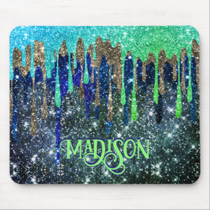 Tropfen monogramm für Whimsisblau-grüne Glitzer Mousepad