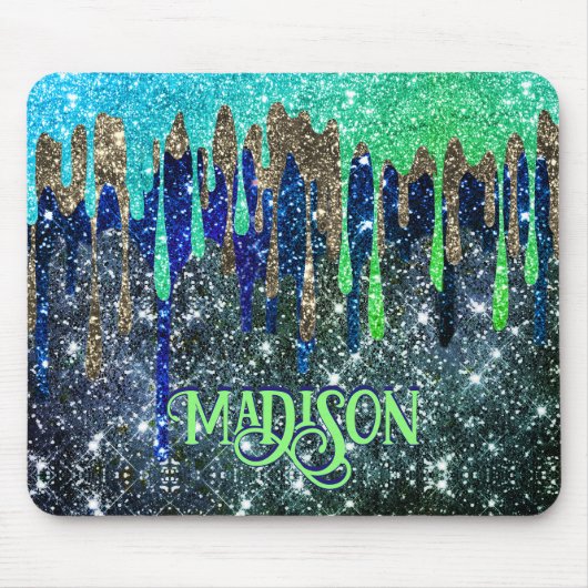 Tropfen monogramm für Whimsisblau-grüne Glitzer Mousepad (Vorne)