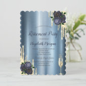 Tropfen, Navy Blue Rose Metallische Altersversorgu Einladung (Stehend Vorderseite)