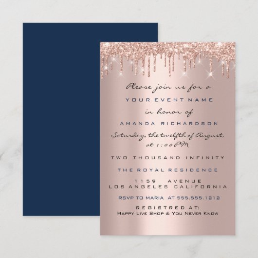 Tropfen Rose Navy Brautparty Süß 16. Einladung (Vorne/Hinten)