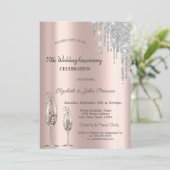 Tropfen Rose Weinglas Jubiläum Hochzeit Gold Einladung (Stehend Vorderseite)