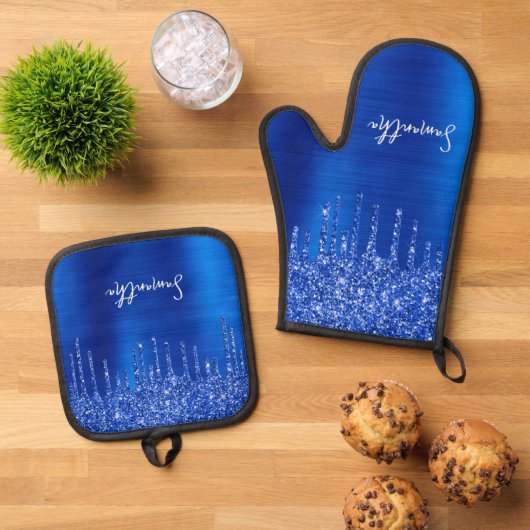 Tropfen Royal Blue Glitzer Glam Name Ofenhandschuh & Topflappen-Set (Oben Unten)