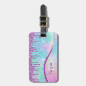 Tropfen von lila Glitzer, Irisierend, Name und Mon Gepäckanhänger (Vorderseite vertikal)