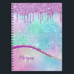 Tropfen von lila Glitzer, Irisierend, Name und Mon Notizblock<br><div class="desc">Personalisieren Sie mit lila Namen und weißem Monogramm auf aquamarinem,  blauem und lila Hintergrund mit Lila Glitzer-Tropfen. Klicken Sie auf "Anpassen",  um Farben und Stile zu ändern.</div>