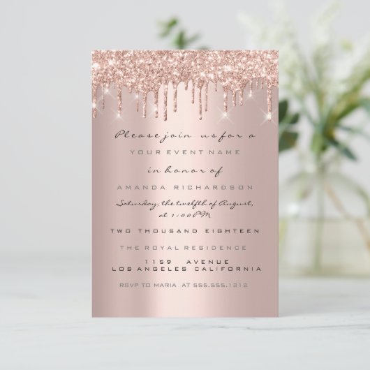 Tropfen von Spark Glitzer Rose Neue Babydusche Han Einladung (Stehend Vorderseite)