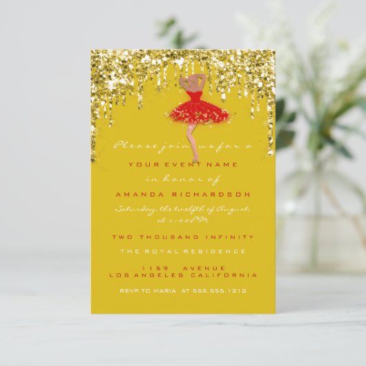 Tropfen Yellow Gold Glitzer Bridal Sweet 16. Kleid Einladung (Stehend Vorderseite)