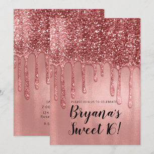 Tropfend in Roségold Glitter Rosa Süße 16 Party Einladung