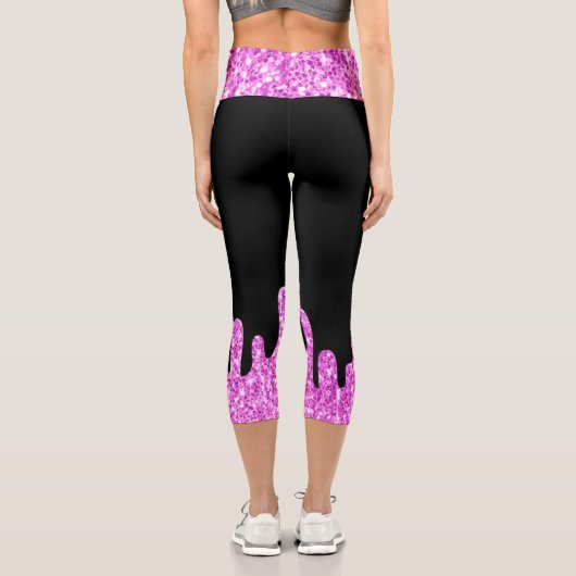 Tropfende Glitzern Glitzer Rosa Schwarz Capri Leggings (Rückseite)