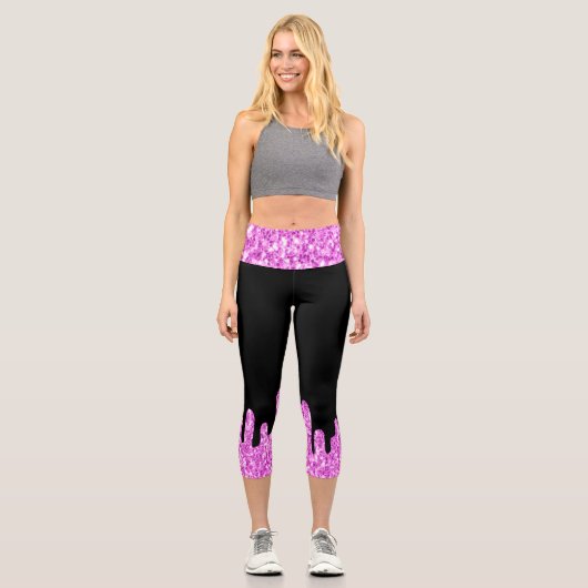 Tropfende Glitzern Glitzer Rosa Schwarz Capri Leggings (Vorderseite)