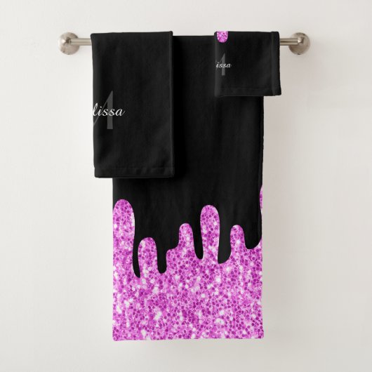 Tropfende Glitzern Glitzer Rosa Schwarze Monogramm Badhandtuch Set (Insitu)