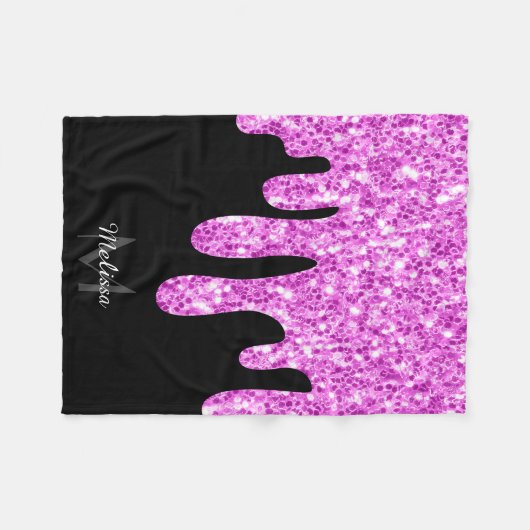 Tropfende Glitzern Glitzer Rosa Schwarze Monogramm Fleecedecke (Vorderseite (Horizontal))