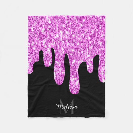 Tropfende Glitzern Glitzer Rosa Schwarze Monogramm Fleecedecke (Vorderseite)