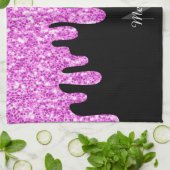 Tropfende Glitzern Glitzer Rosa Schwarze Monogramm Geschirrtuch (Gefaltet)