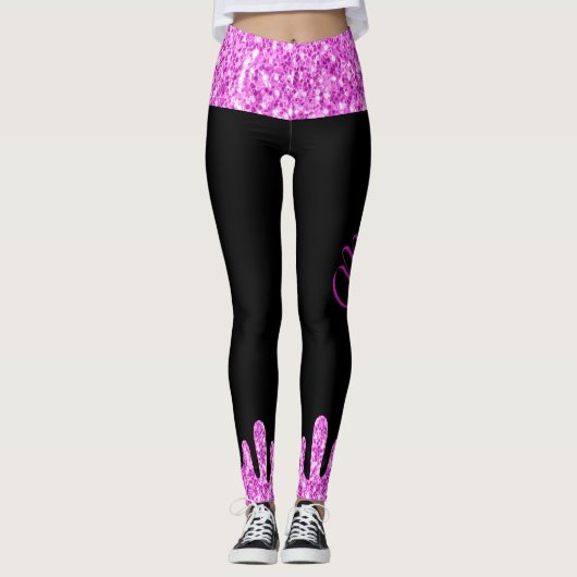 Tropfende Glitzern Glitzer Rosa Schwarze Monogramm Leggings (Vorderseite)
