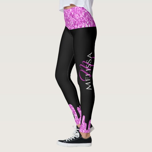 Tropfende Glitzern Glitzer Rosa Schwarze Monogramm Leggings (Links)