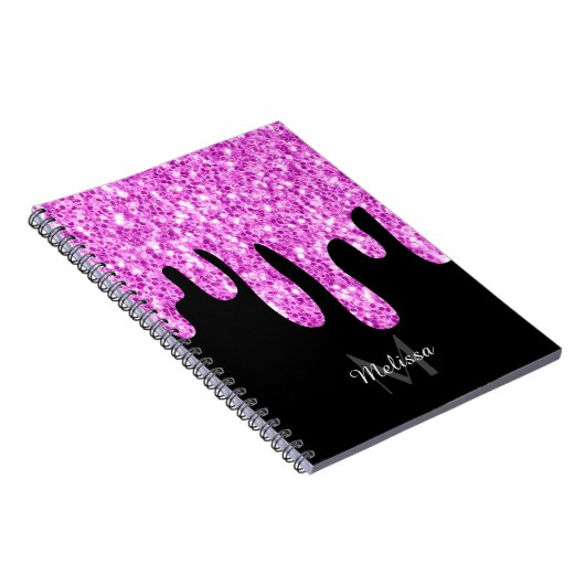 Tropfende Glitzern Glitzer Rosa Schwarze Monogramm Notizblock (Rechte Seite)