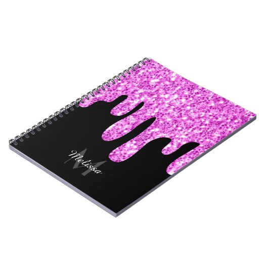 Tropfende Glitzern Glitzer Rosa Schwarze Monogramm Notizblock (Linke Seite)