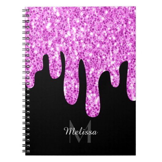 Tropfende Glitzern Glitzer Rosa Schwarze Monogramm Notizblock (Vorderseite)