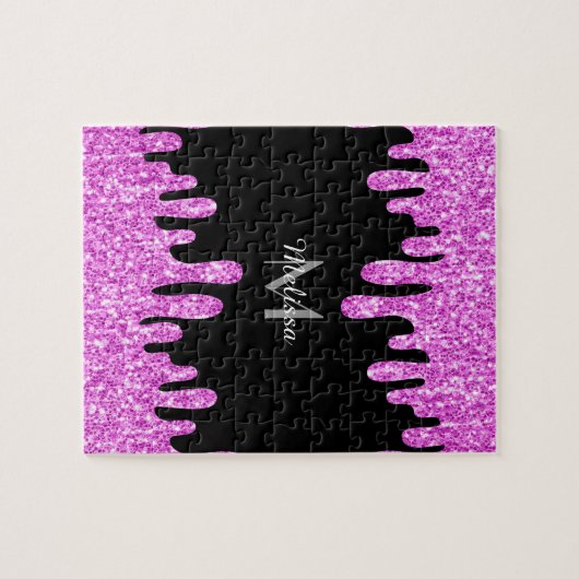 Tropfende Glitzern Glitzer Rosa Schwarze Monogramm Puzzle (Horizontal)