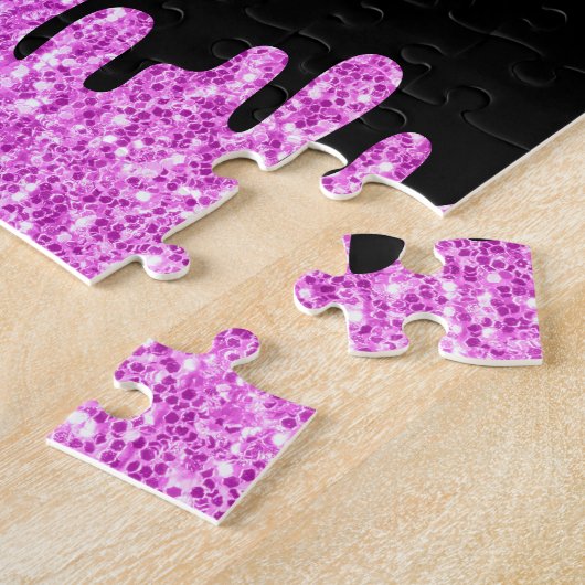Tropfende Glitzern Glitzer Rosa Schwarze Monogramm Puzzle (Seite)