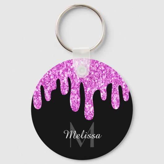 Tropfende Glitzern Glitzer Rosa Schwarze Monogramm Schlüsselanhänger (Vorderseite)