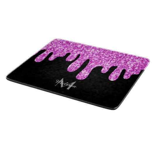Tropfende Glitzern Glitzer Rosa Schwarze Monogramm Schneidebrett (Ecke)