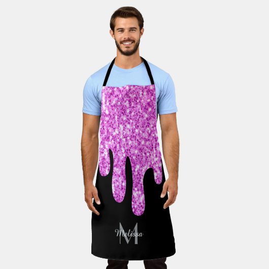 Tropfende Glitzern Glitzer Rosa Schwarze Monogramm Schürze (Getragen)