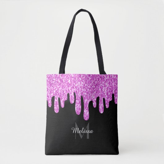 Tropfende Glitzern Glitzer Rosa Schwarze Monogramm Tasche (Vorderseite)