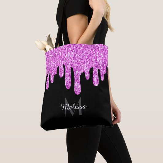 Tropfende Glitzern Glitzer Rosa Schwarze Monogramm Tasche (Von Nahem)