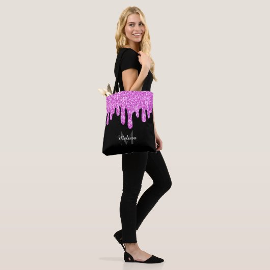 Tropfende Glitzern Glitzer Rosa Schwarze Monogramm Tasche (Am Model)