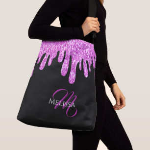 Tropfende Glitzern Glitzer Rosa Schwarze Monogramm Tragetaschen Mit Langen Trägern