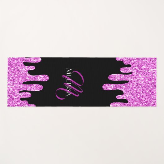 Tropfende Glitzern Glitzer Rosa Schwarze Monogramm Yogamatte (Vorderseite (Horizontal))